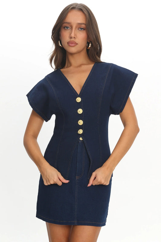 Over It Short Sleeve Button Top Denim