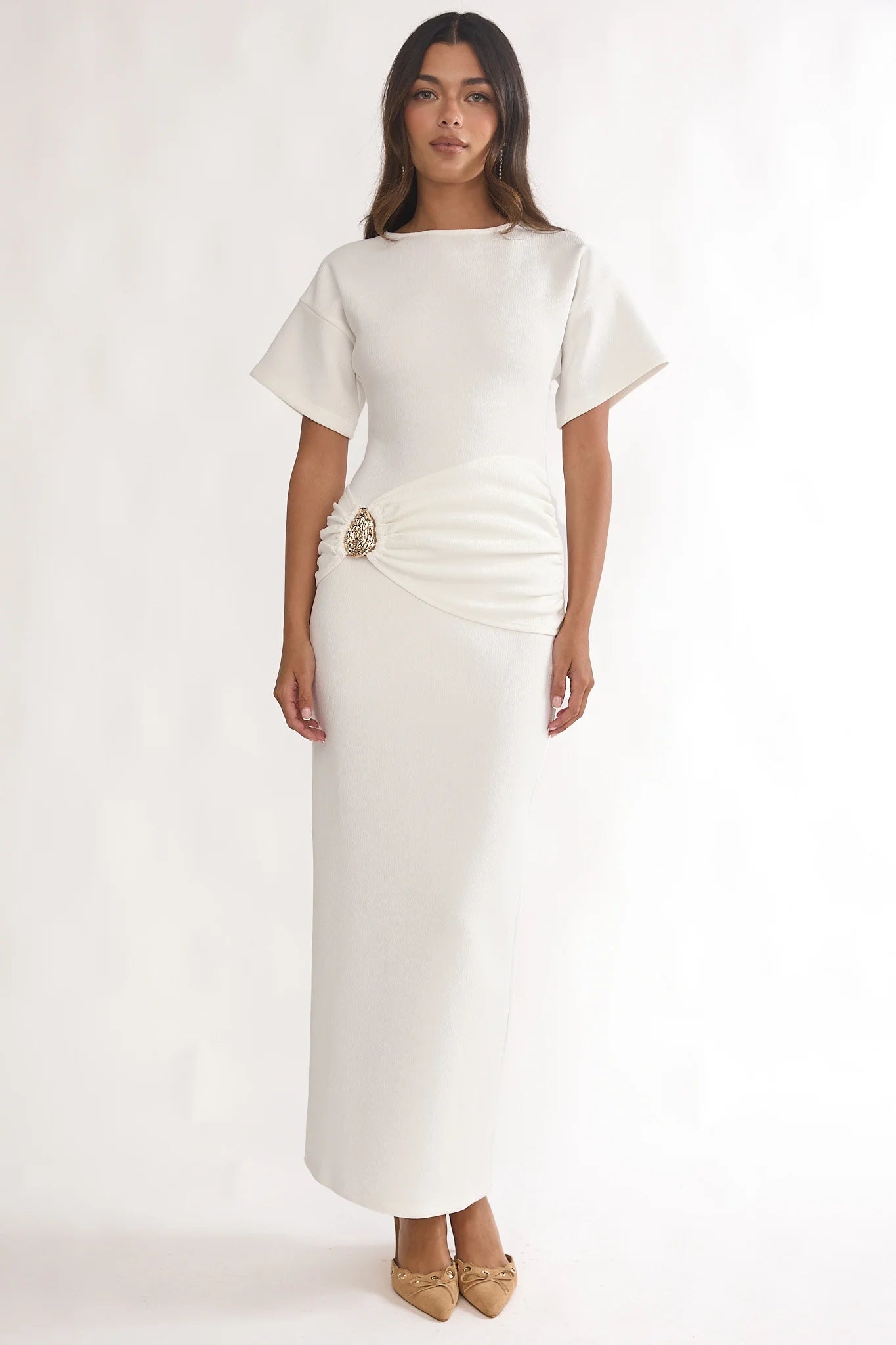 Briona Short Sleeve Buckle Maxi Dress White