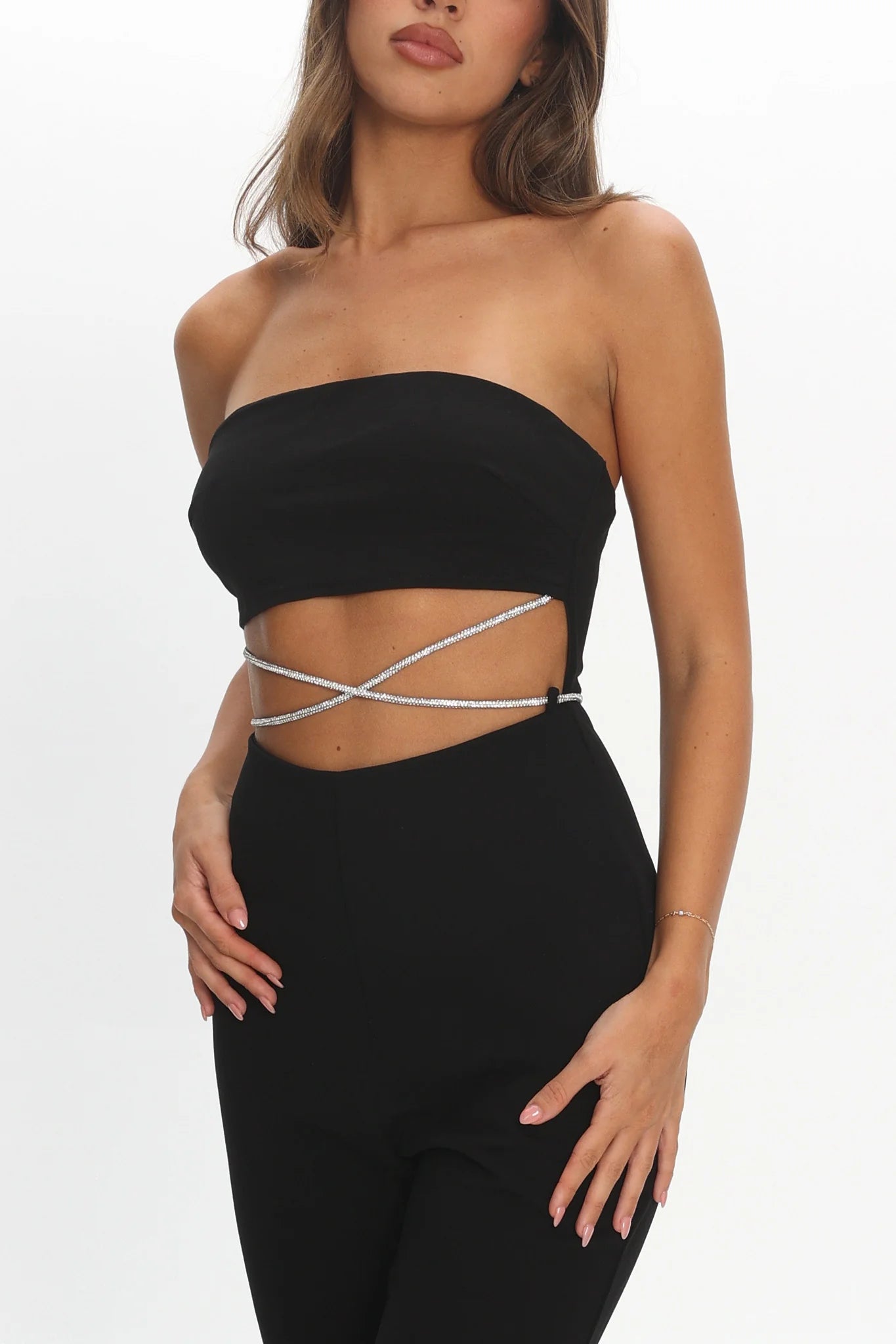Nohemi Strapless Diamante Jumpsuit Black
