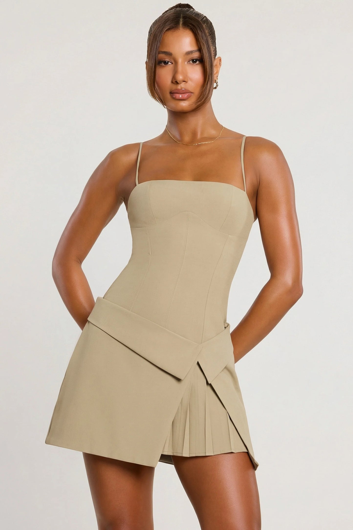Woven Twill Wrap Over Pleated Mini Dress in Taupe