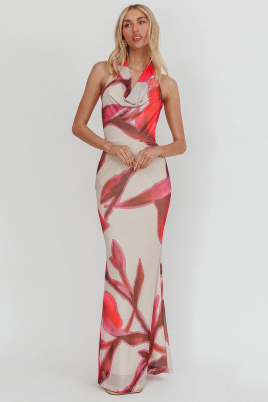 Outlier Cowl Halterneck Maxi Dress Print Beige
