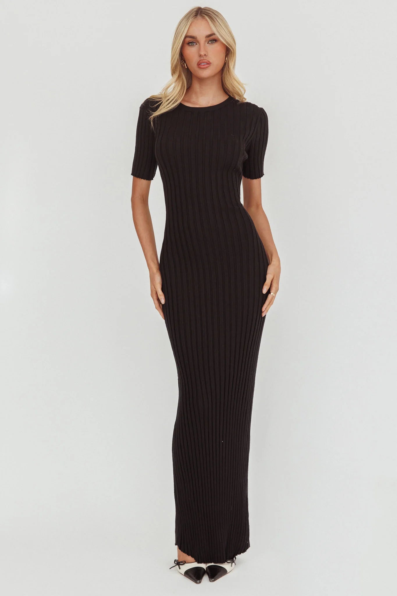 Faylen Waist Tie Ribbed Knit Maxi Dress Black