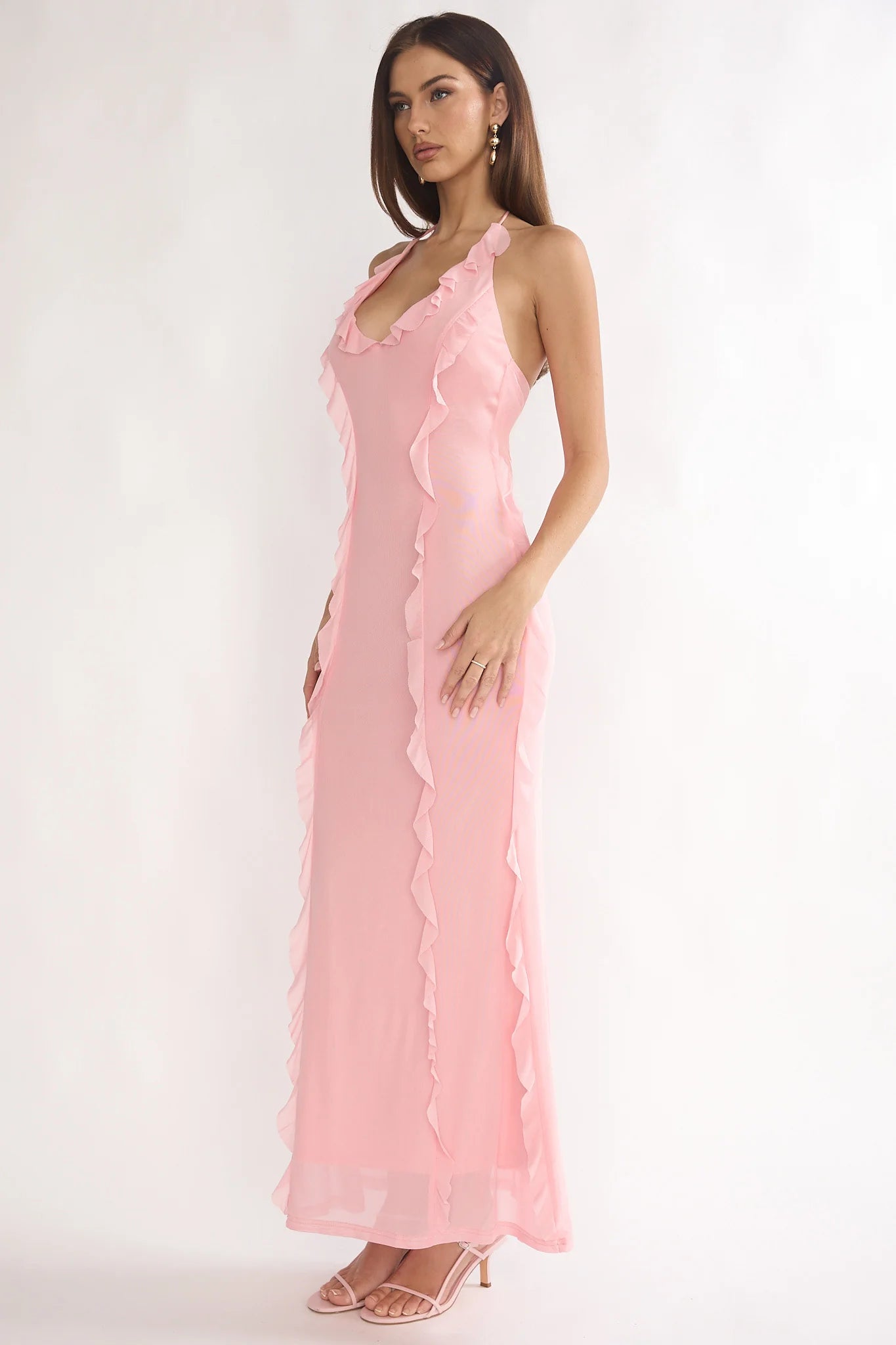 Collins Halter Ruffle Trim Maxi Dress Pink