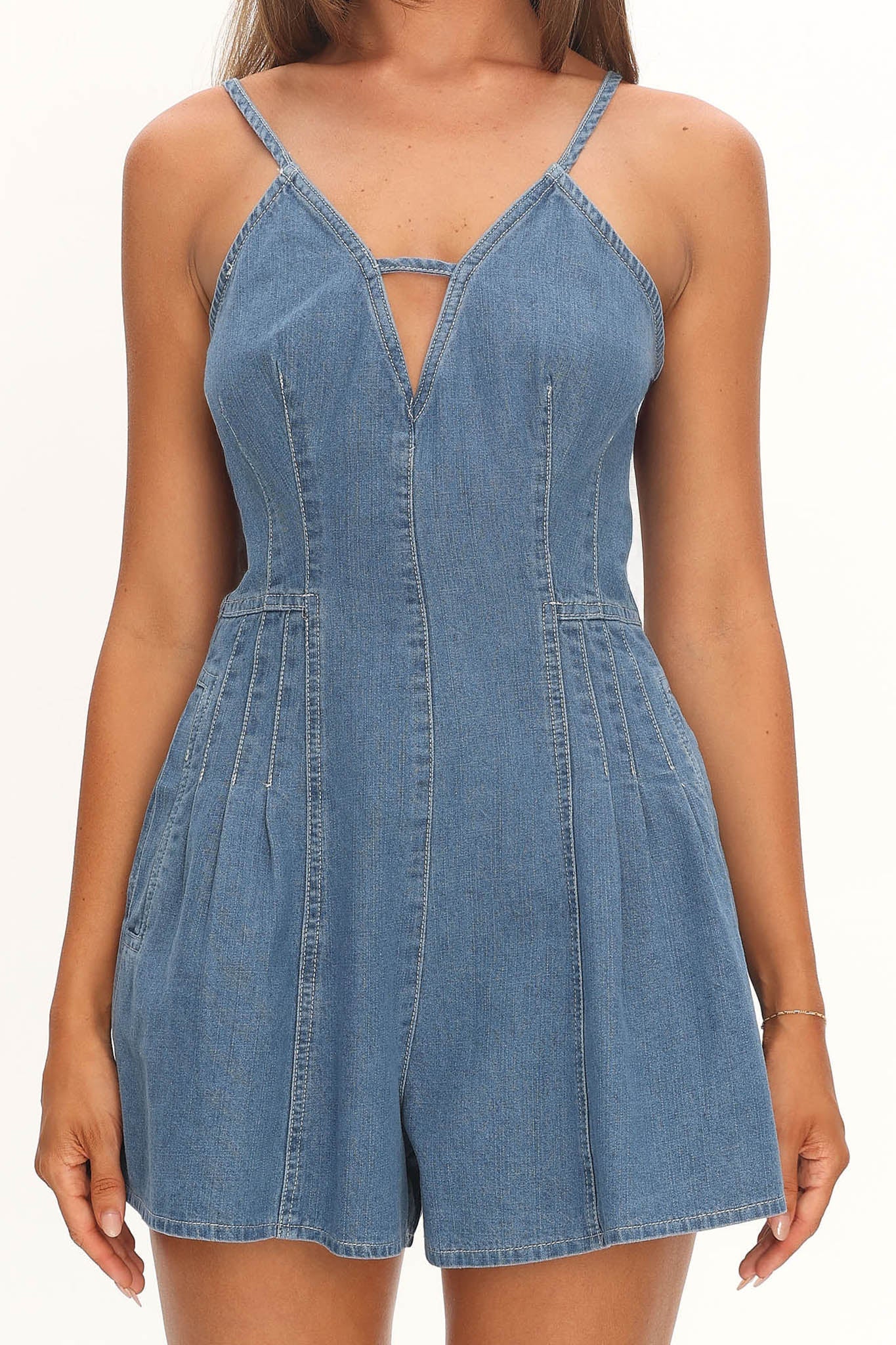 Quira Pintuck Pleat Mini Romper Denim Blue