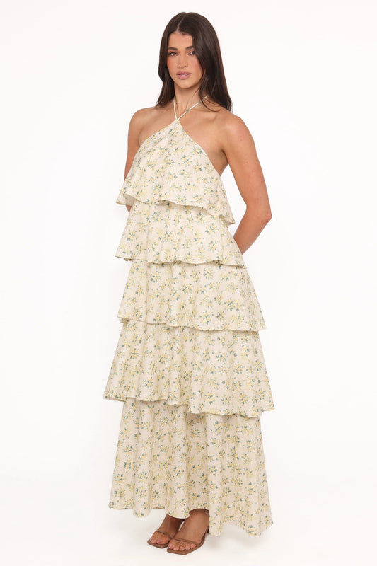 Darlia Halterneck Maxi Dress - Yellow Floral