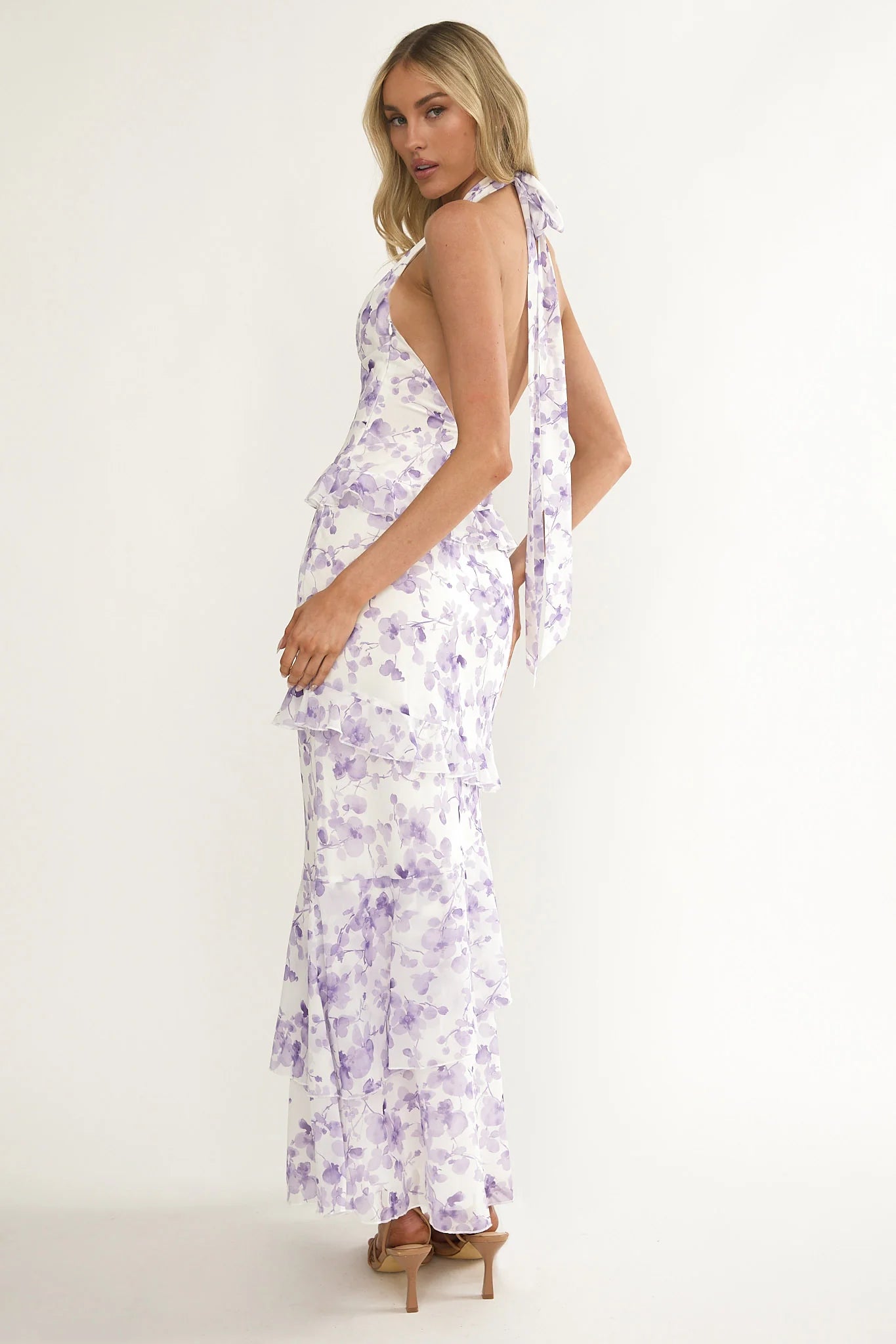 Cipriana Frill Trim Halter Maxi Dress Floral Purple