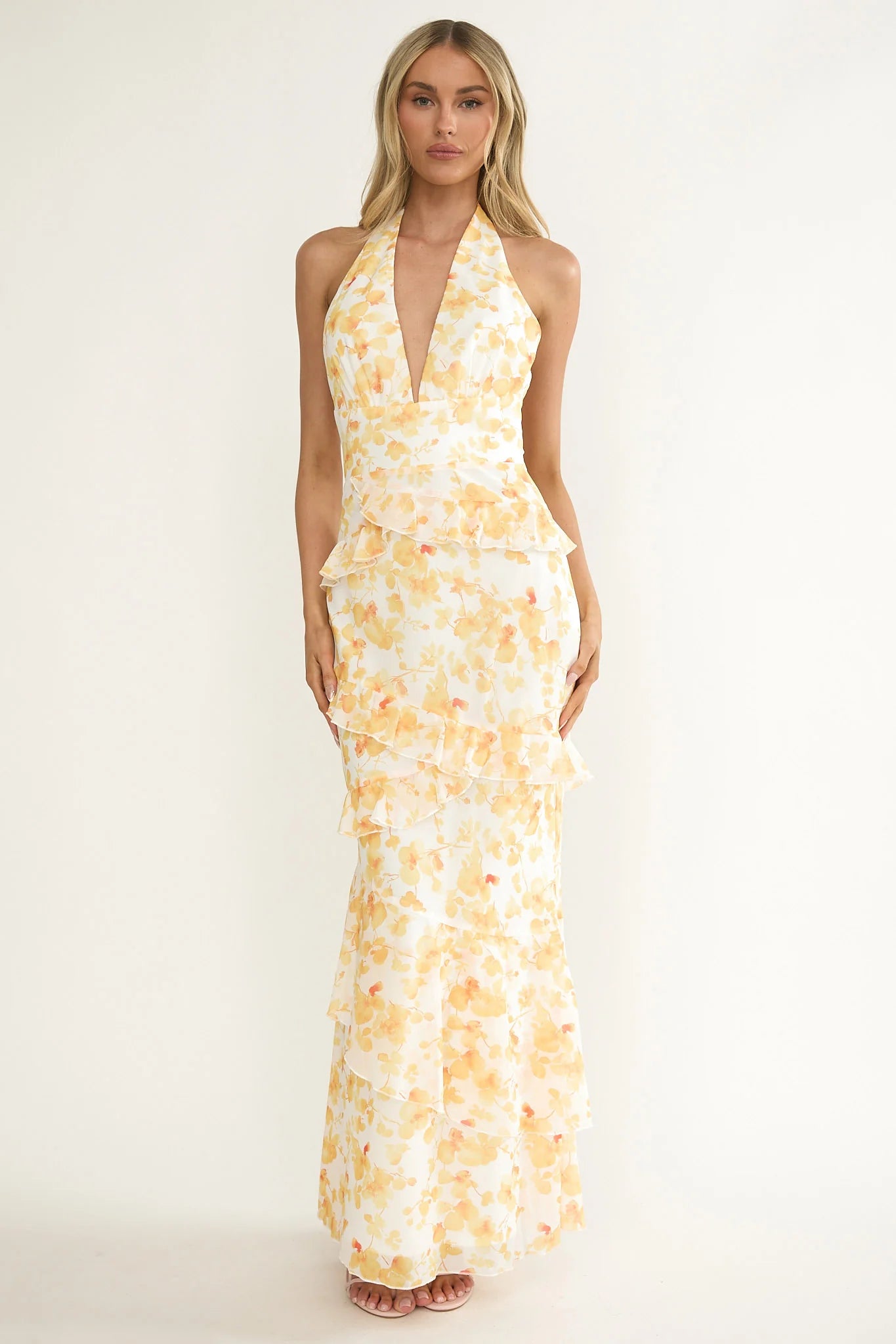 Cipriana Frill Trim Halter Maxi Dress Floral Yellow