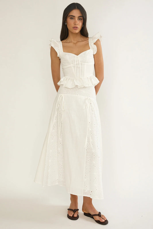 Danette String Tie Embroidery Maxi Skirt White