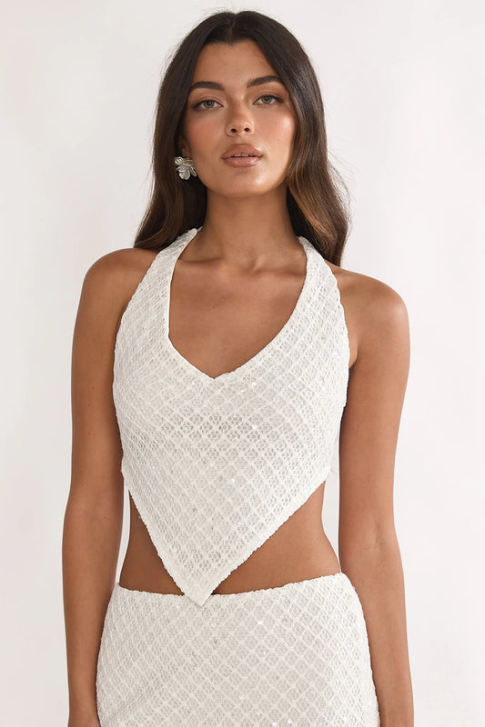 Palaya Crochet Knit Halter Top Sequin Cream