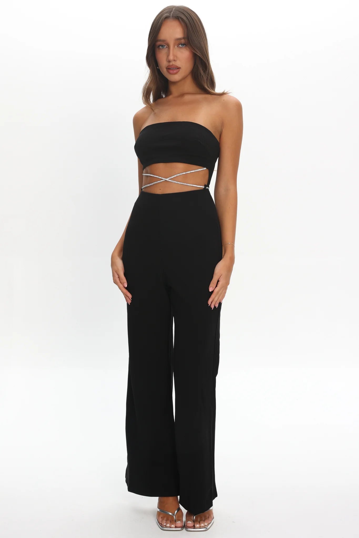 Nohemi Strapless Diamante Jumpsuit Black