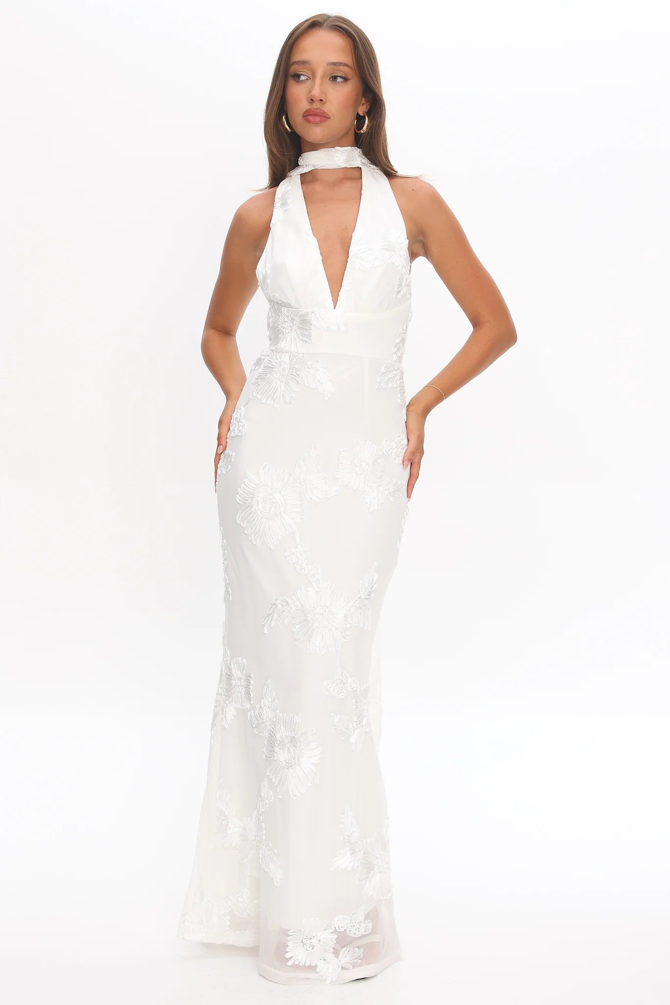 Cipriana Backless Halter Maxi Dress Embellished Floral White