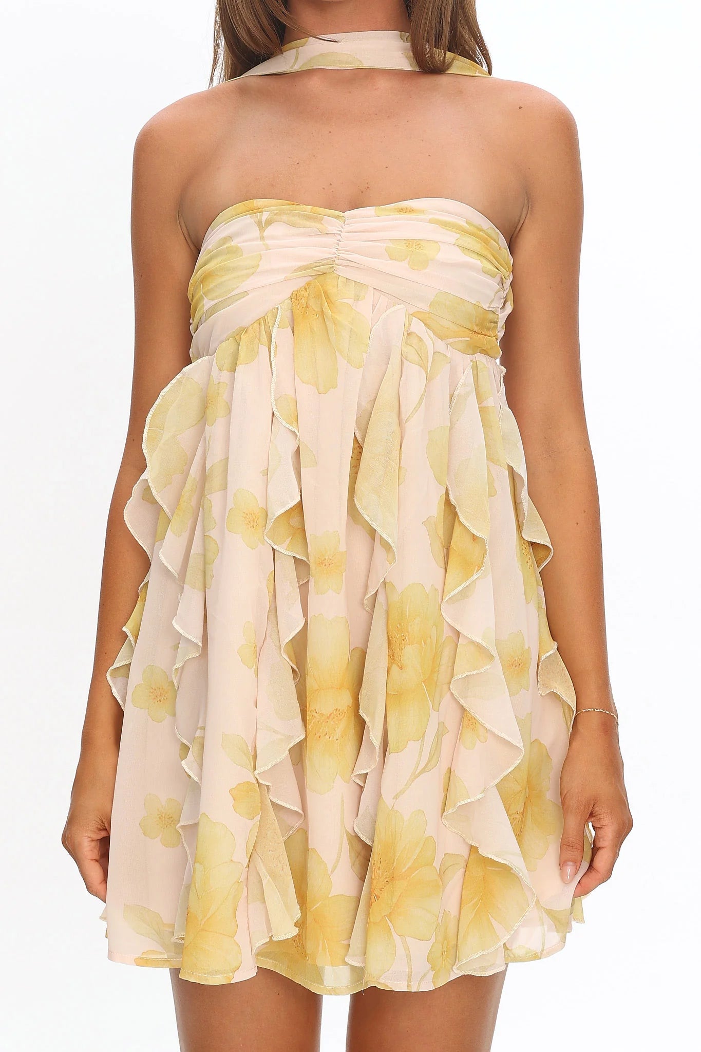 Spirit Reverse Halter Ruffle Mini Dress Floral Butter