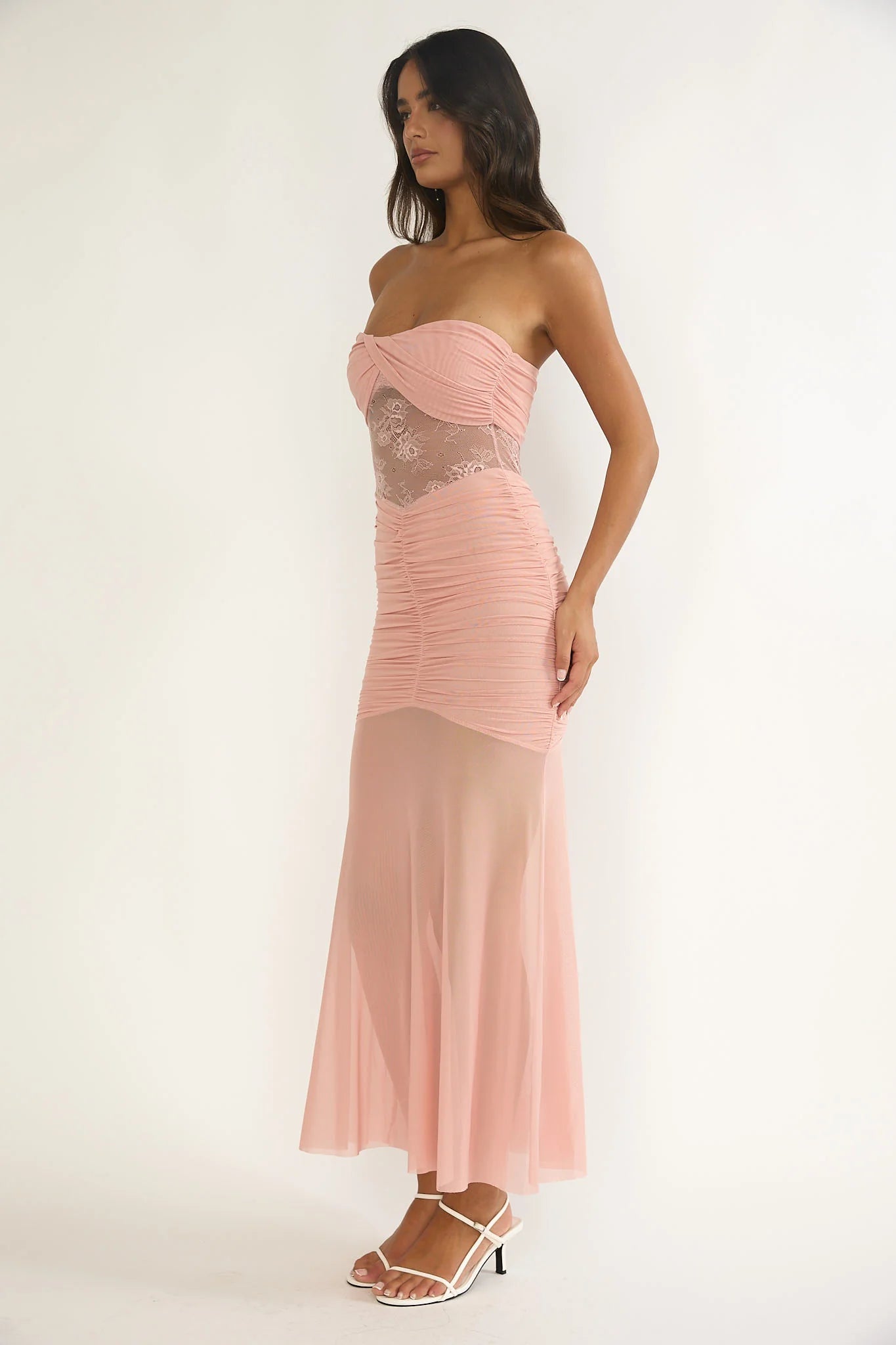 Sade Strapless Sheer Panel Ruched Maxi Dress Blush