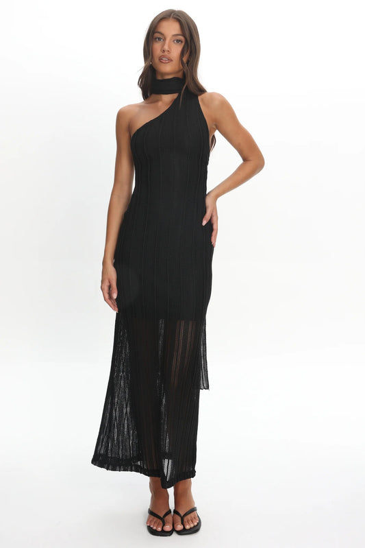 Cozette One-Shoulder Knit Dress Black