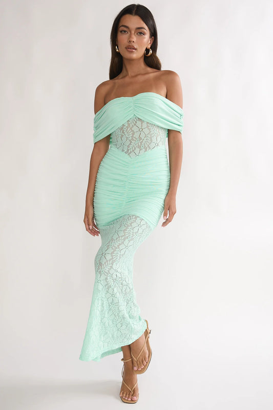 Silver Moon Off-Shoulder Maxi Dress Floral Mint