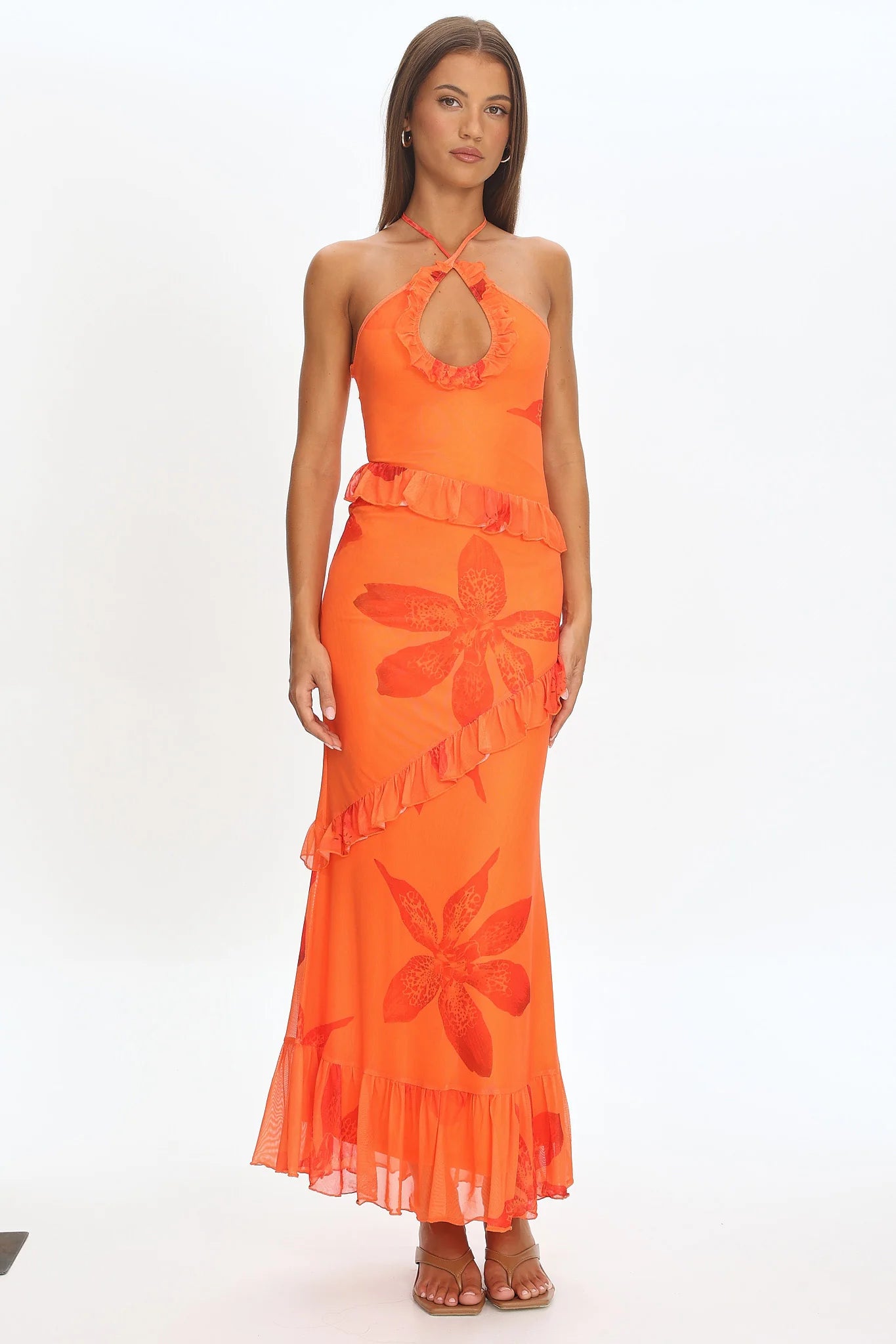 Clemence Mesh Overlay Frill Trim Maxi Dress Floral Orange