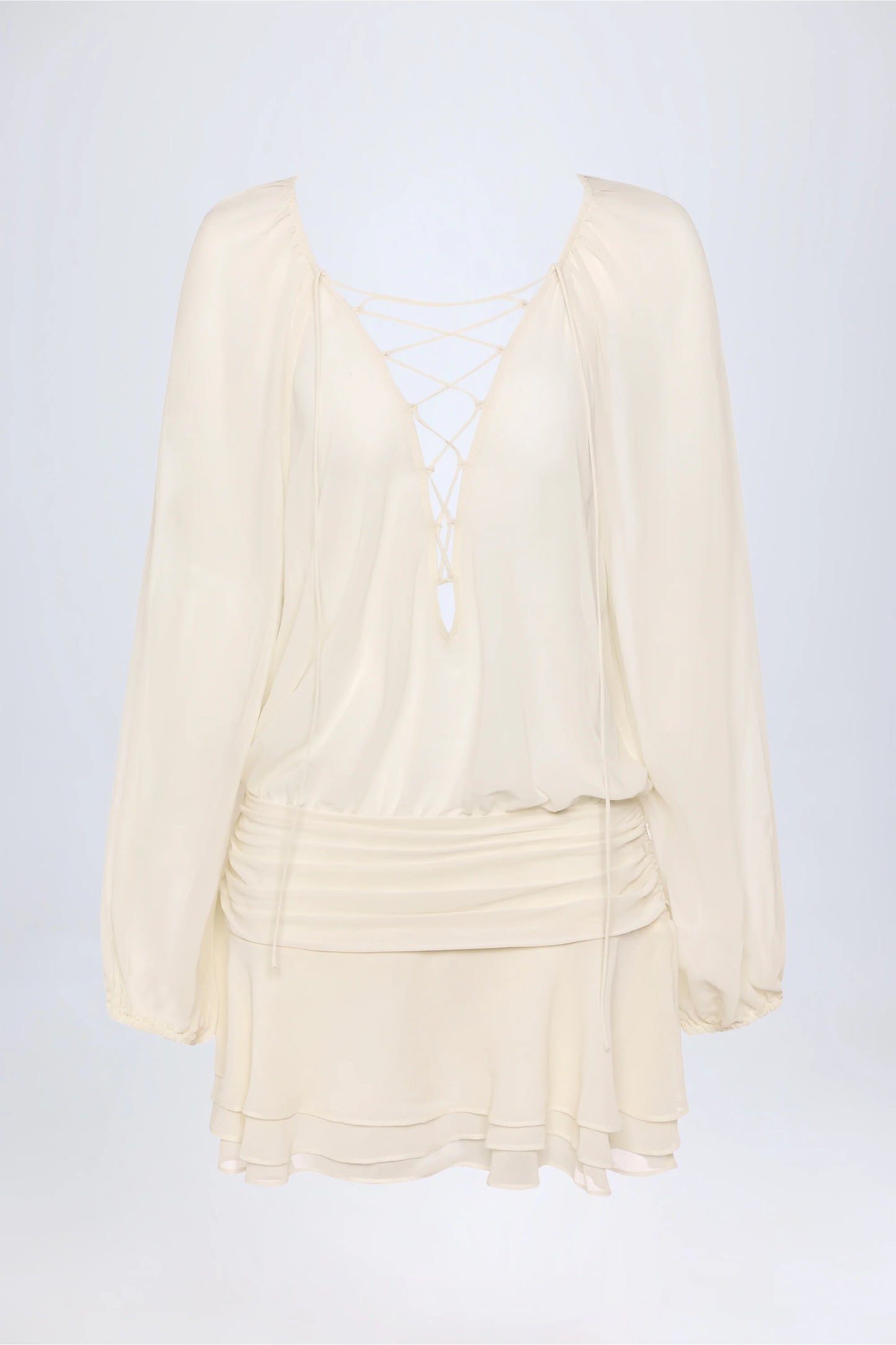 Lace-Up Balloon-Sleeve Mini Dress in Ivory