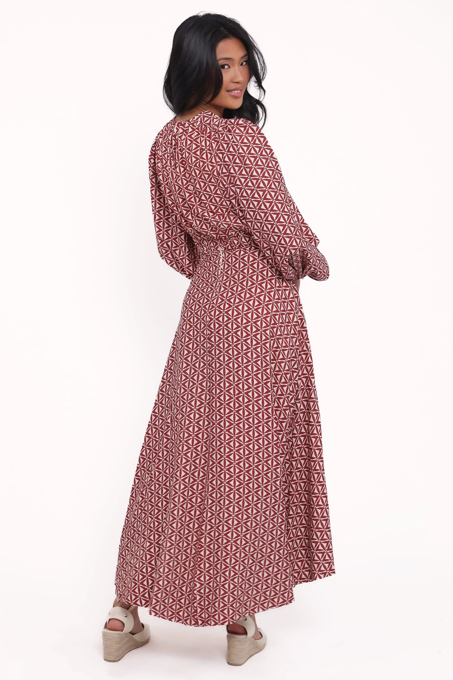 Ginnee Puff Sleeve Cutout Midi Dress - Brown Geo