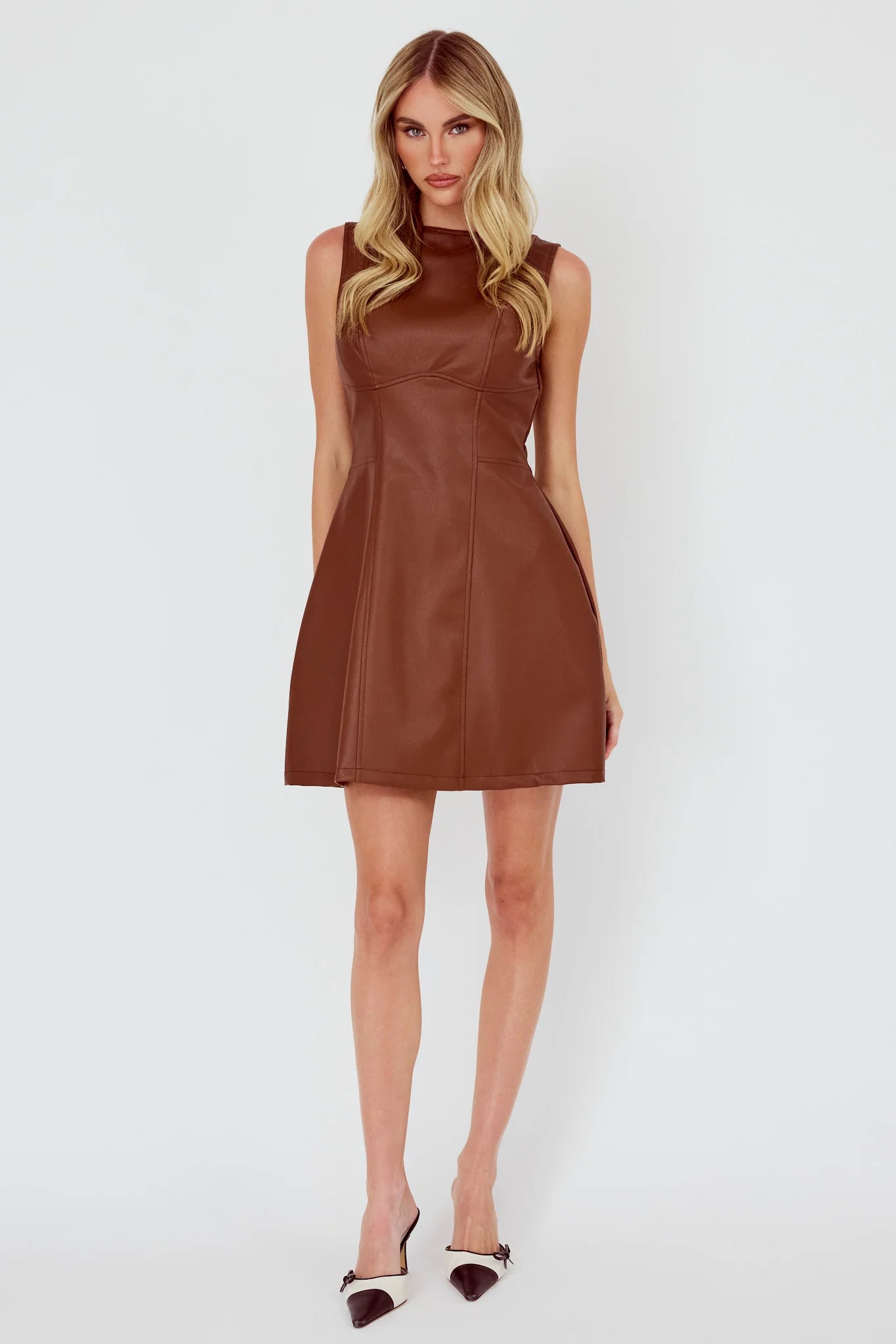 Opulent Sleeveless A-Line Mini Dress Faux Leather Brown