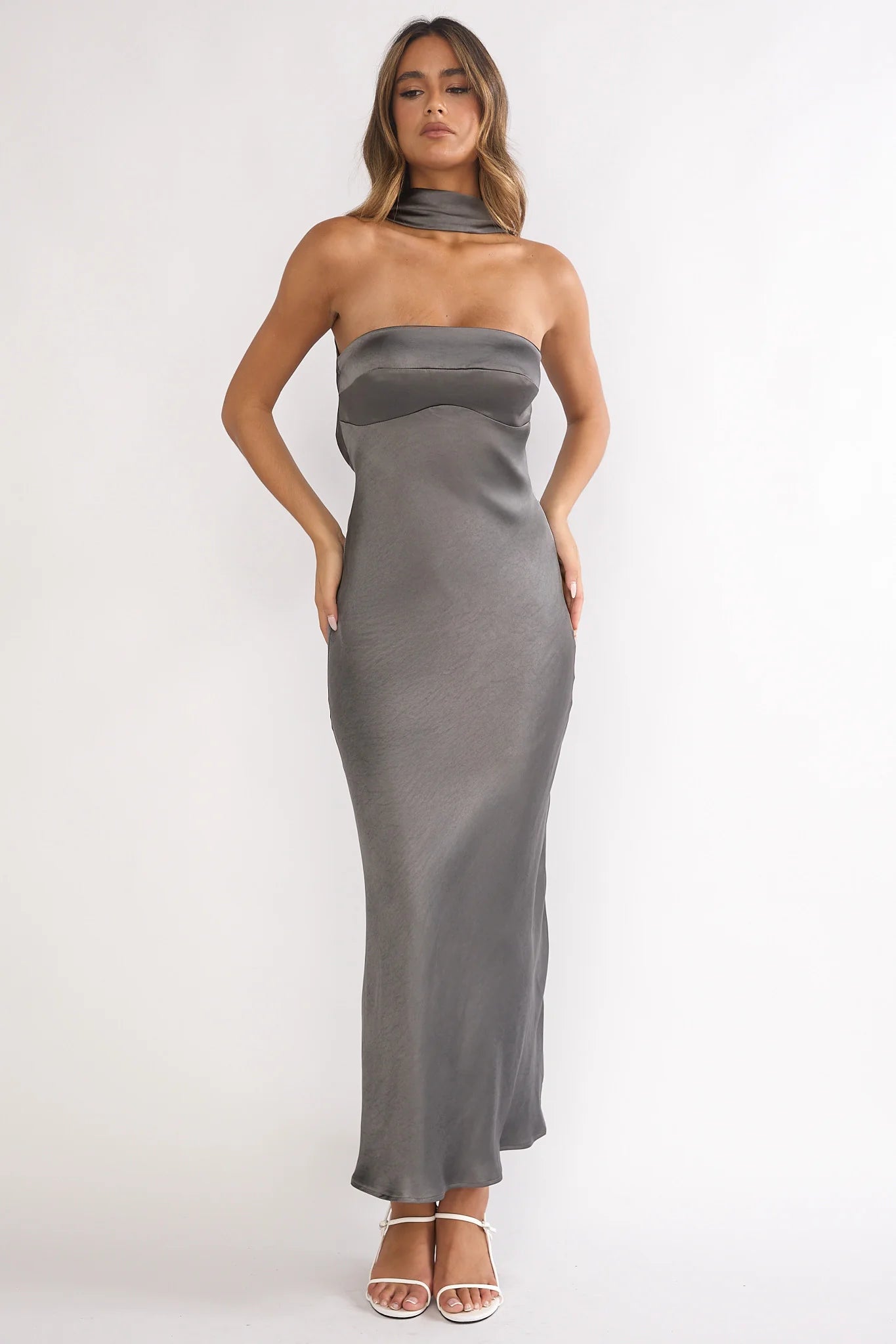 Damsel Reverse Halter Maxi Dress Satin Charcoal