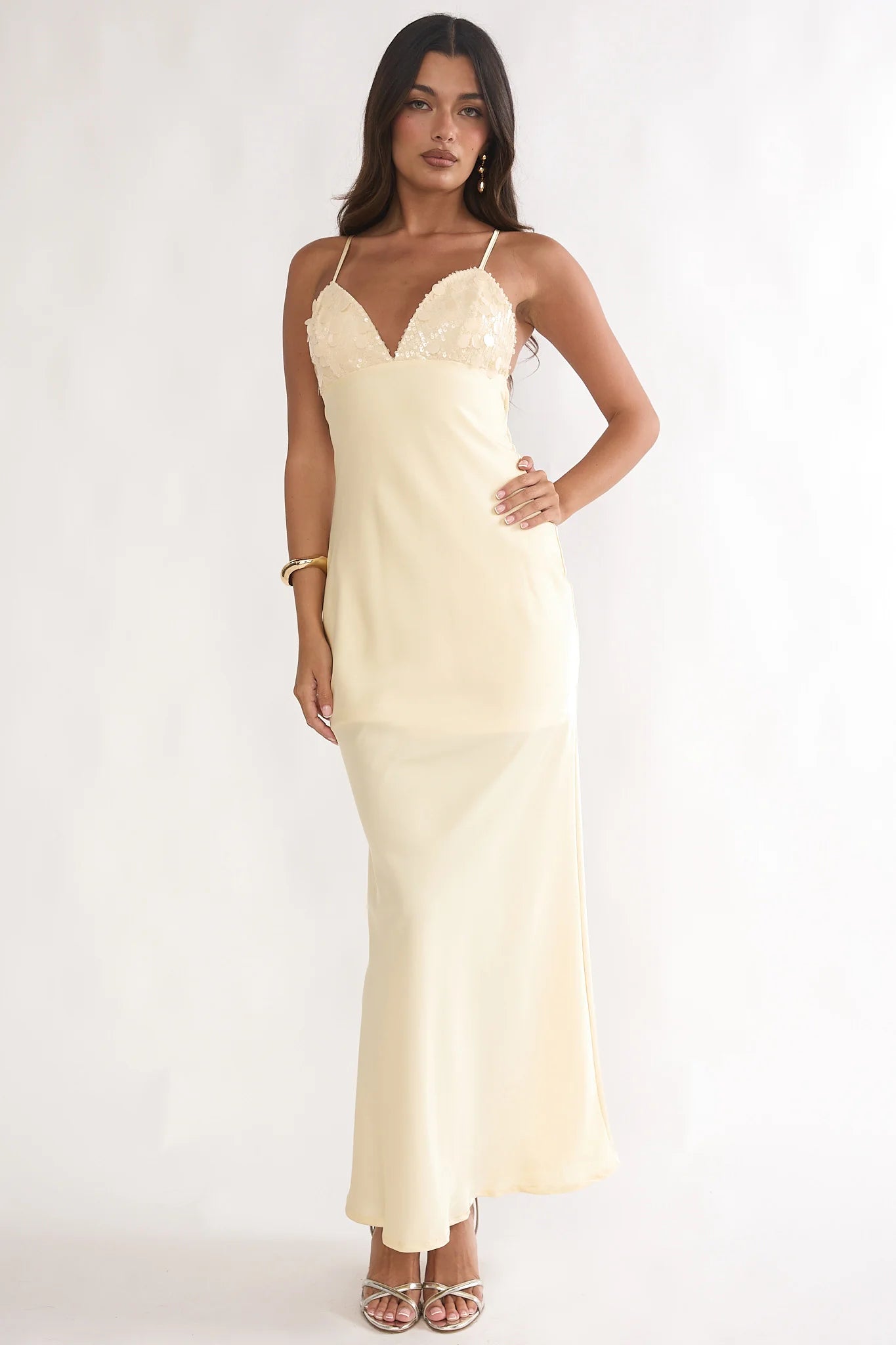 Brynn Sequin Bust Open Back Maxi Dress Butter