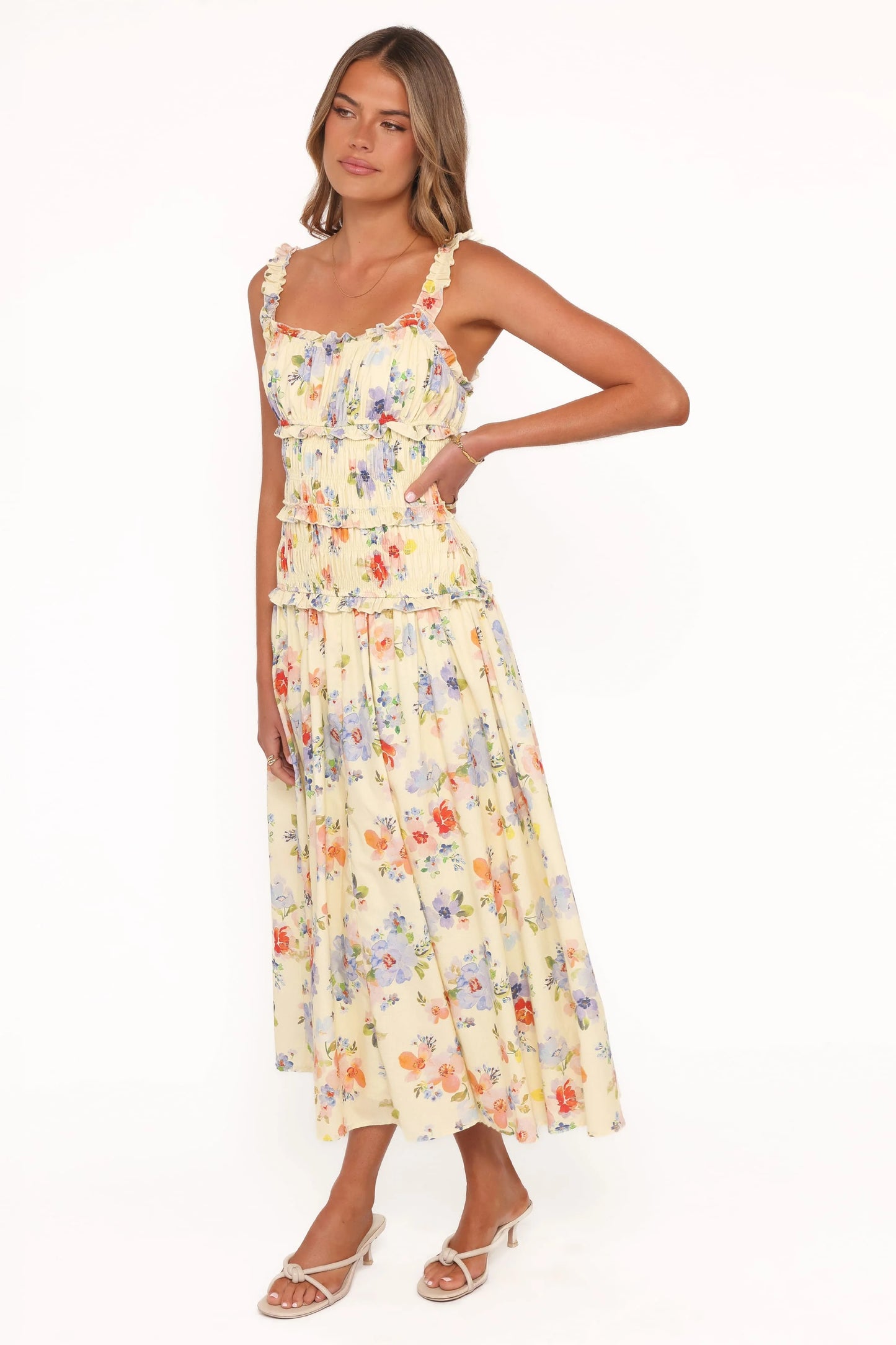 Enola Gather Midi Dress - Yellow Floral