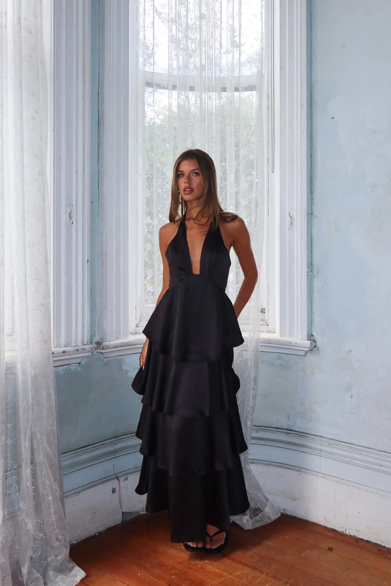 Catalina Tiered Ruffle Rosette Maxi Dress Black