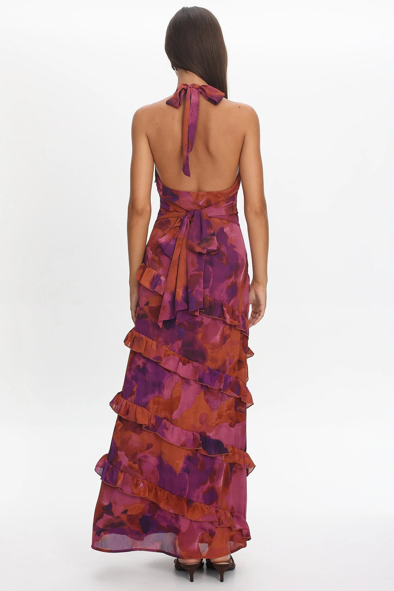 Flirt Frill Trim Halter Maxi Dress Dark Rose
