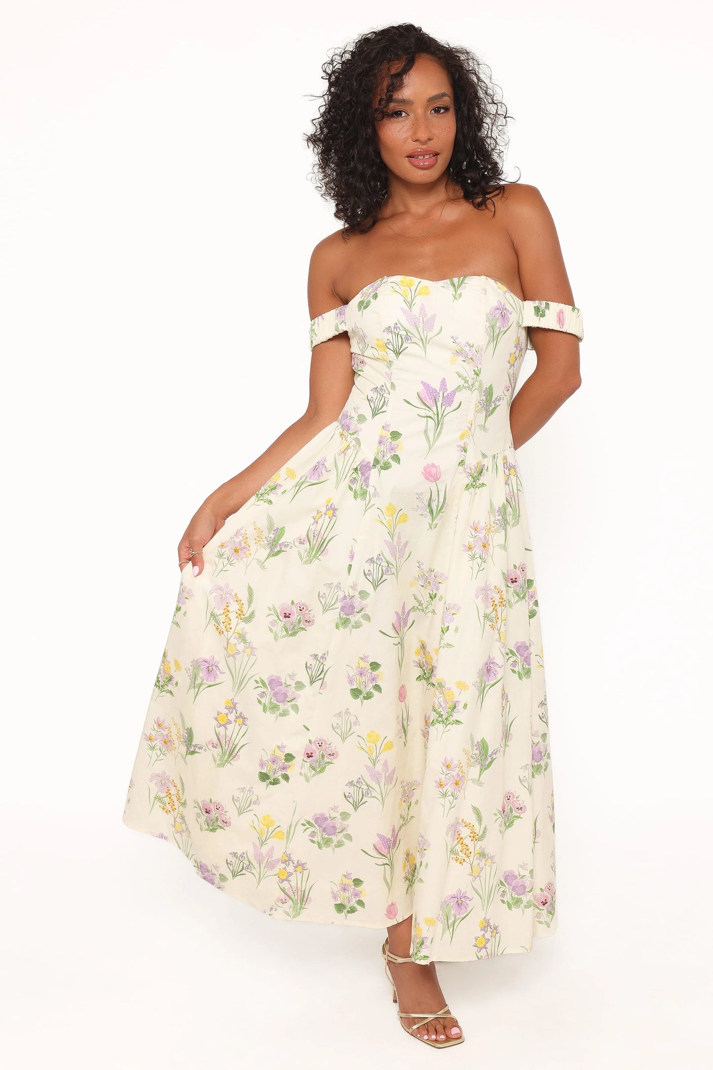 Larni Off Shoulder Midi Dress - Lavender Multi