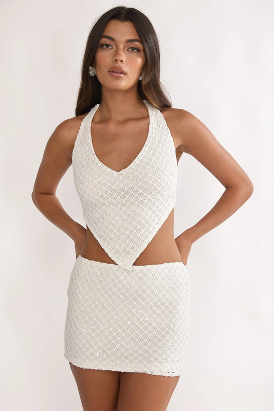 Palaya Crochet Knit Mini Skirt Sequin Cream
