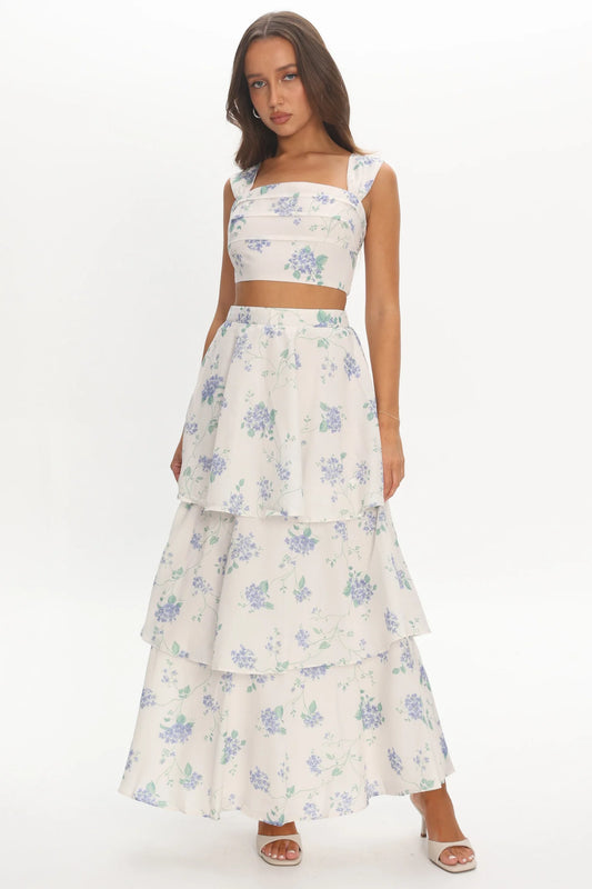 Dixon Tiered Maxi Skirt Floral Beige