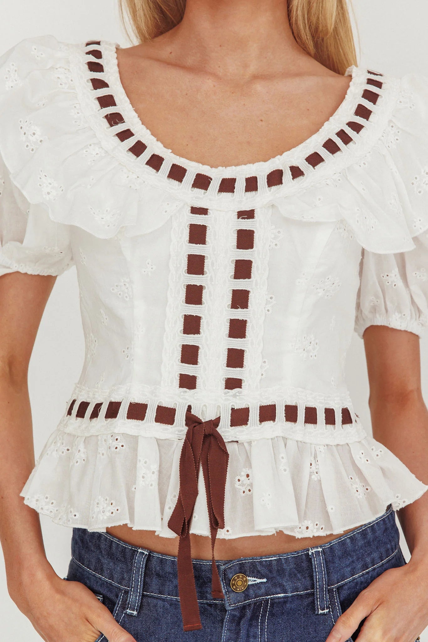 Solea Frill Collar Eyelet Top White