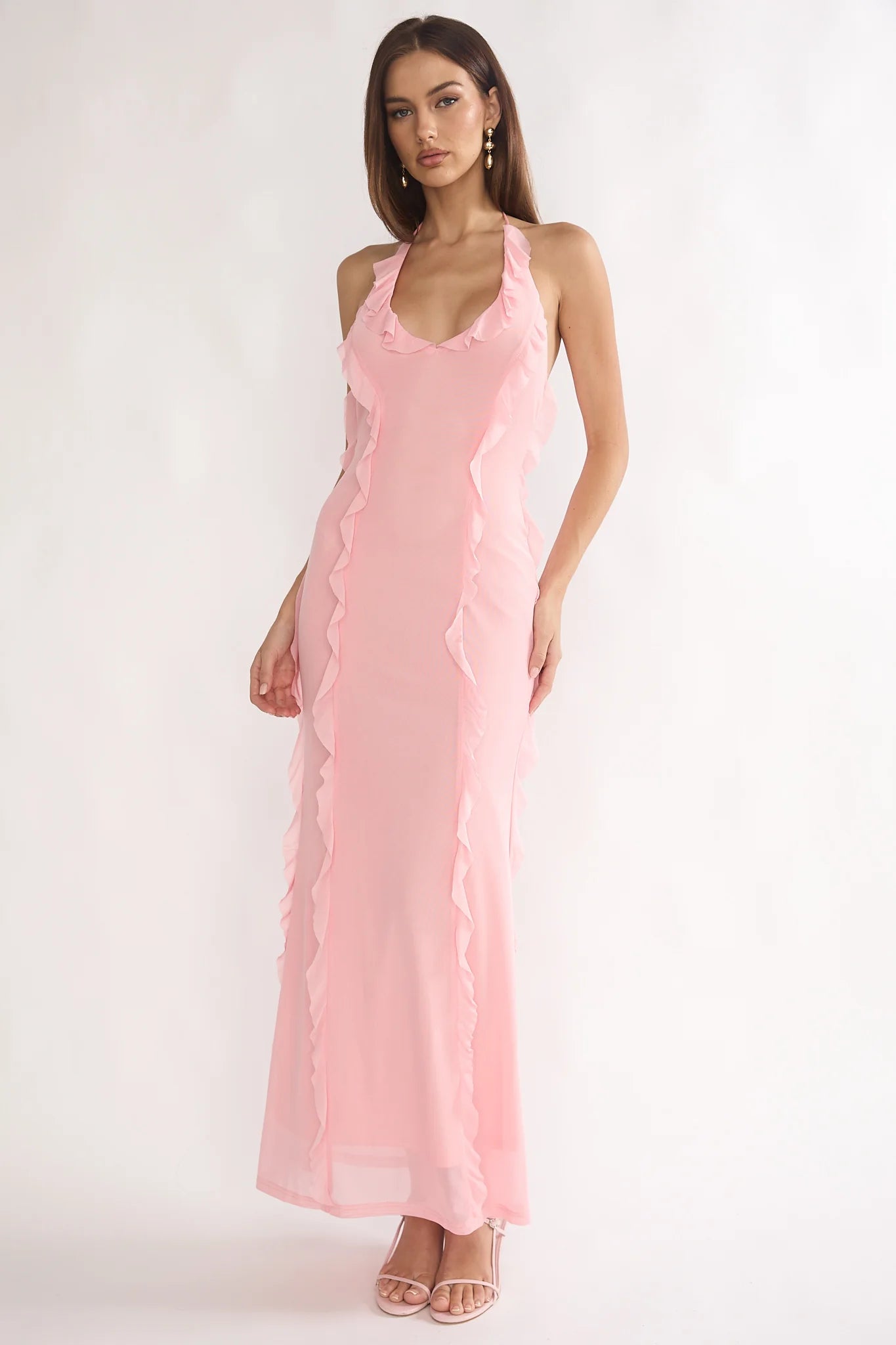 Collins Halter Ruffle Trim Maxi Dress Pink