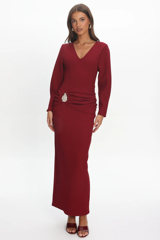 Briona Long Sleeve Buckle Maxi Dress Burgundy