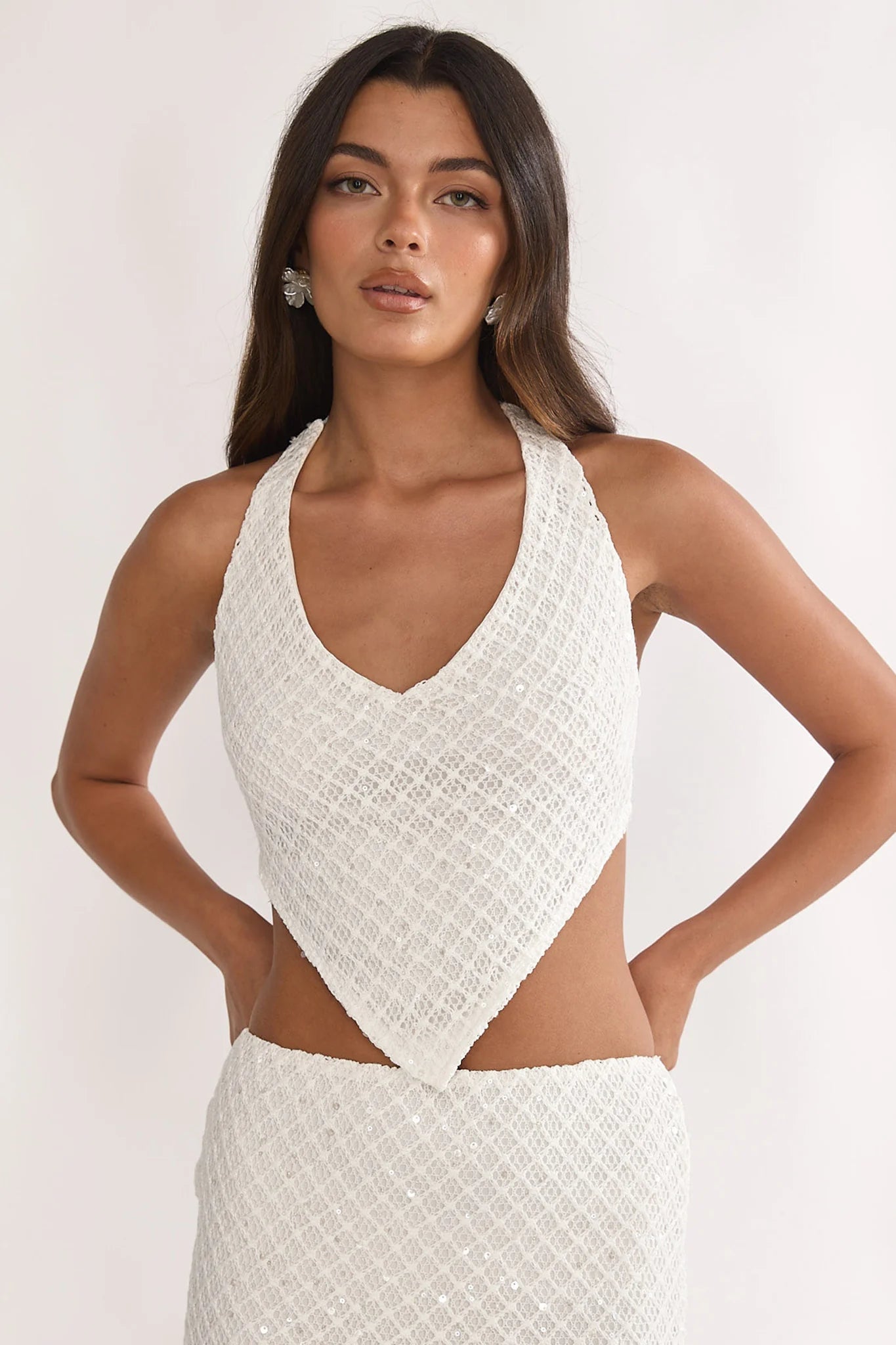Palaya Crochet Knit Halter Top Sequin Cream