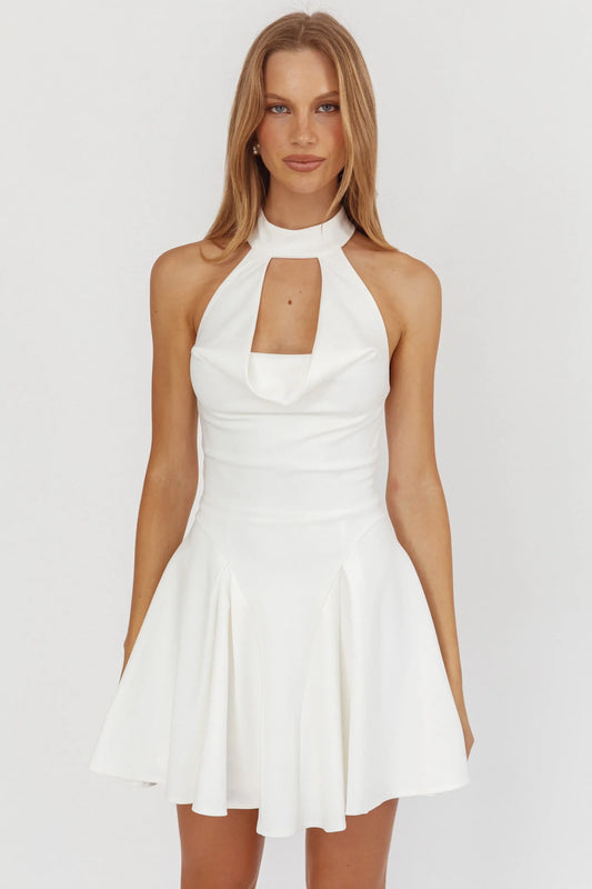 Charlene Cowl Halterneck Mini Dress White