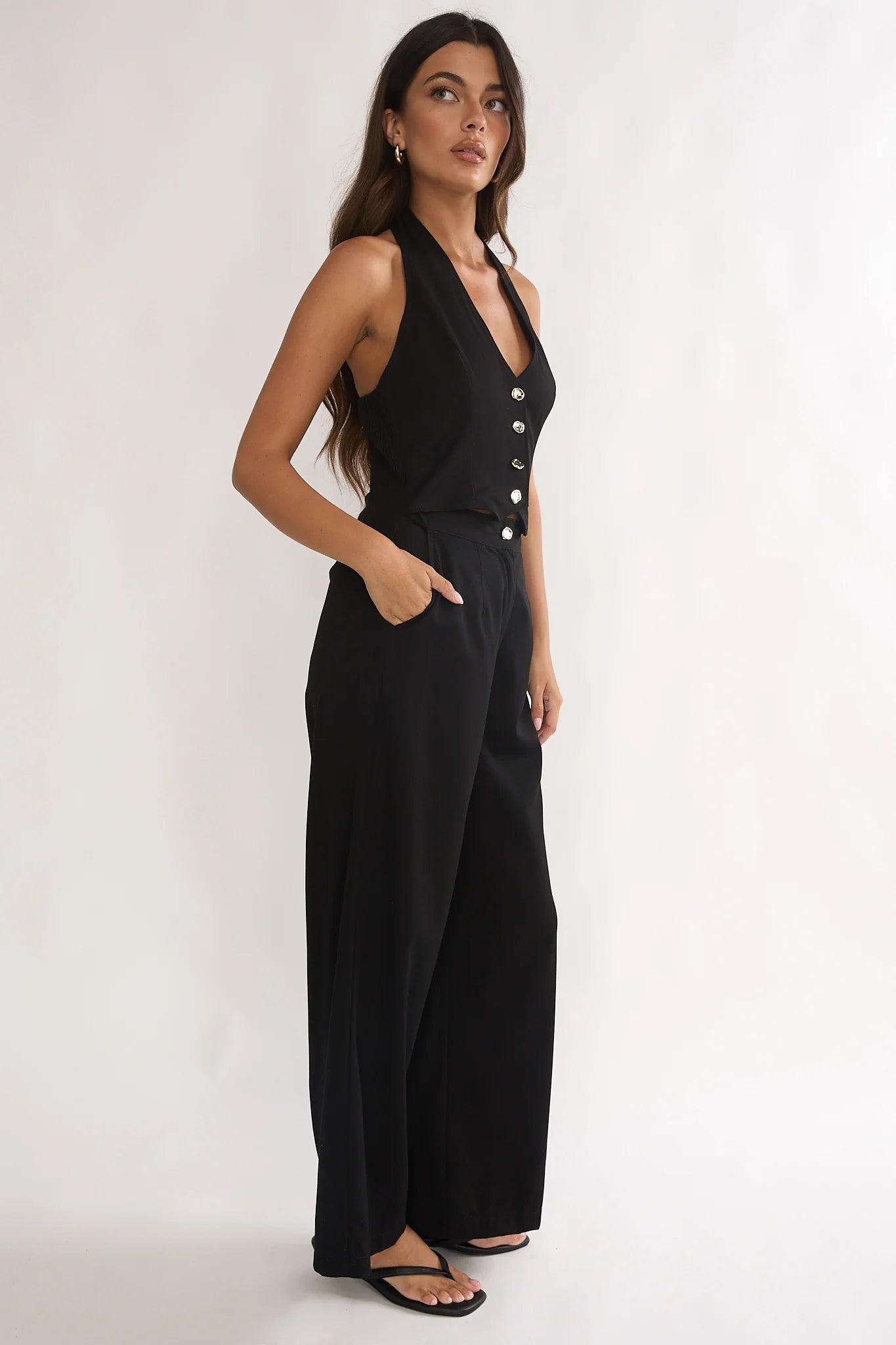 Ambrin Halterneck Button Jumpsuit Black