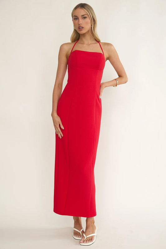 Chez Halterneck Textured Maxi Dress Red