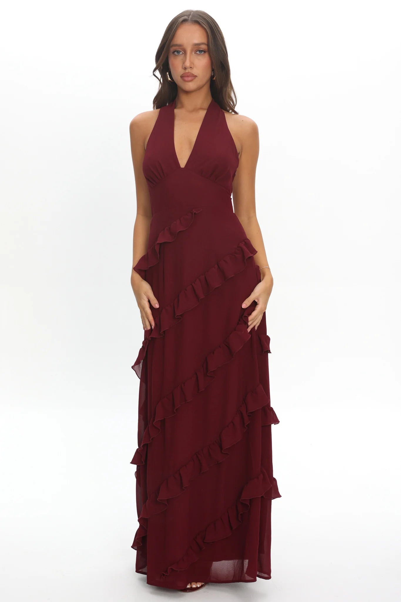 Flirt Frill Trim Halter Maxi Dress Wine