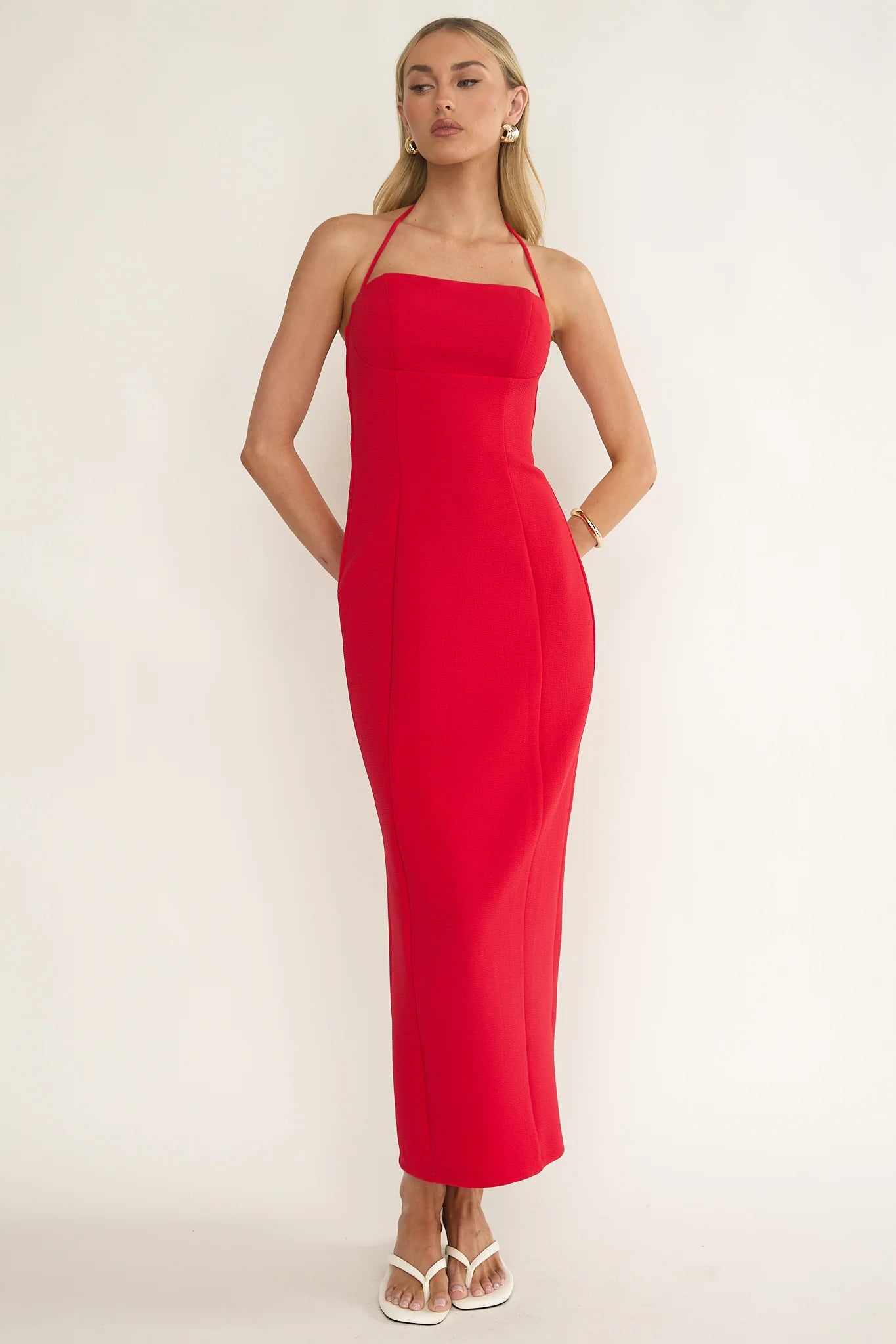 Chez Halterneck Textured Maxi Dress Red