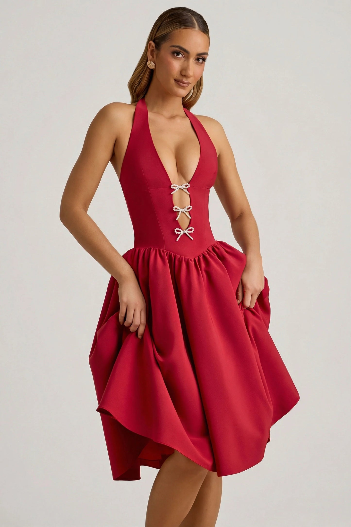 Halterneck Bow-Detail Midi Dress in True Red