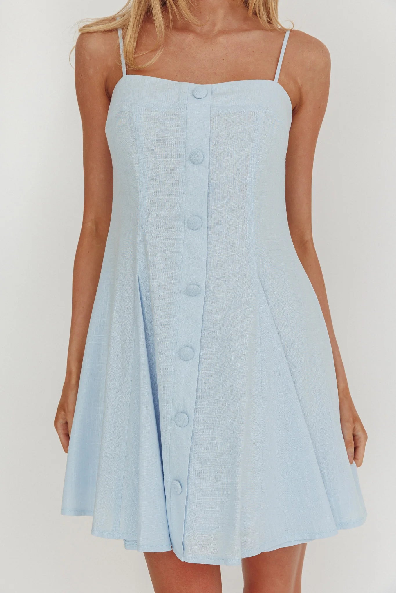 Fianna Button Front Godet Mini Dress Light Blue