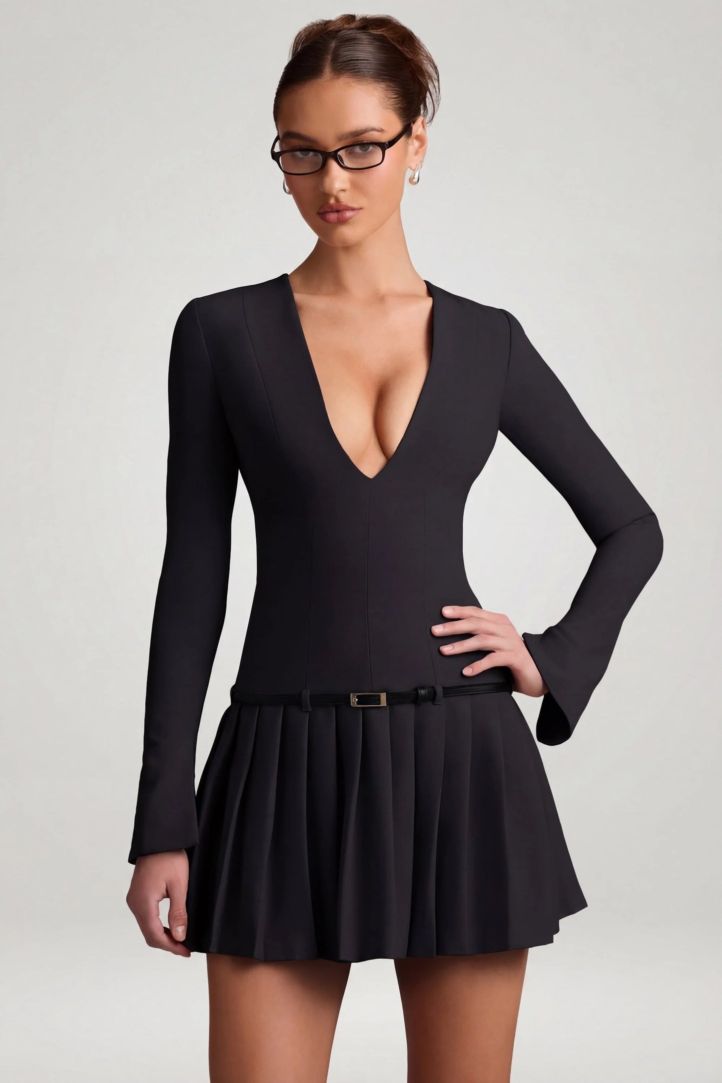 Long-Sleeve Pleated Mini Dress in Black
