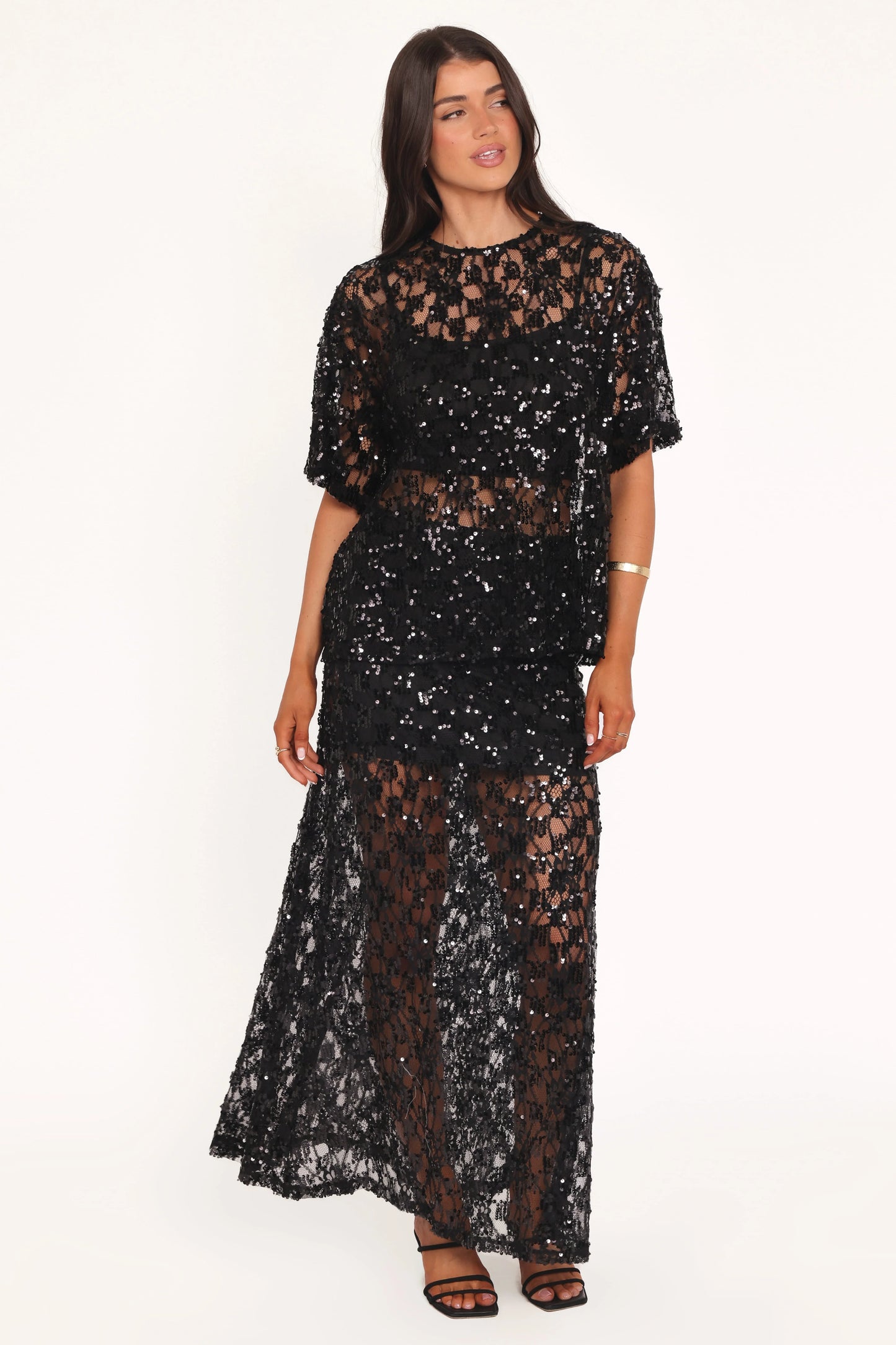 Yonder Sheer Lace Tee Top - Black