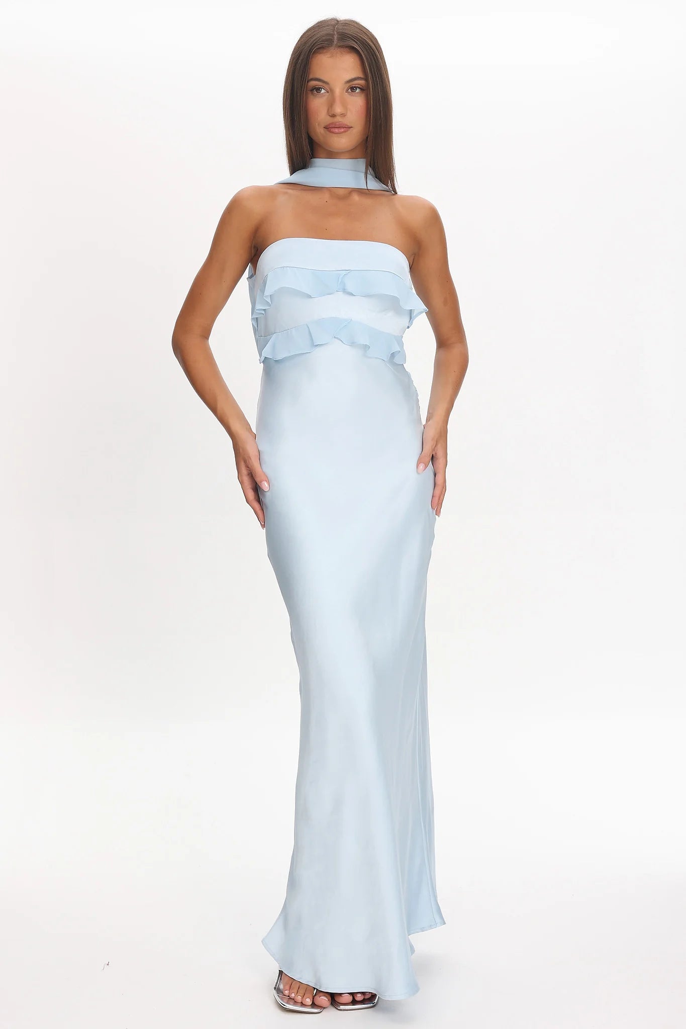 Damsel Reverse Halter Frill Trim Maxi Dress Baby Blue