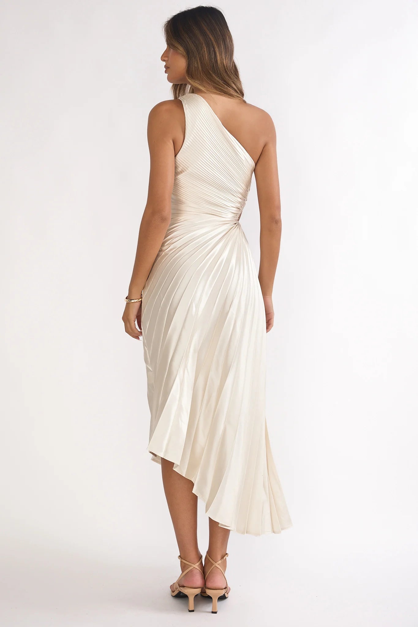 Brooklynn One-Shoulder Accordion Pleat Dress Champagne