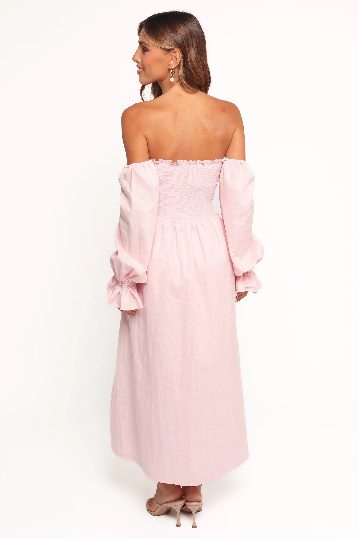 Domenica Shirred Long Sleeve Midi Dress - Pink
